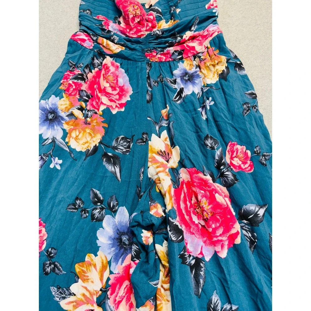 Heart Of Gypsy Jumpsuit Womens Large Teal Blue Floral Strapless Wide‎ Leg Boho